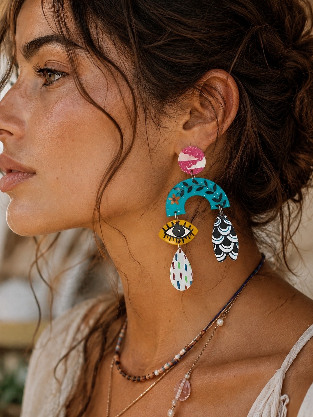 Colorful Boho Statement Earrings Maximalist Fish Eye New